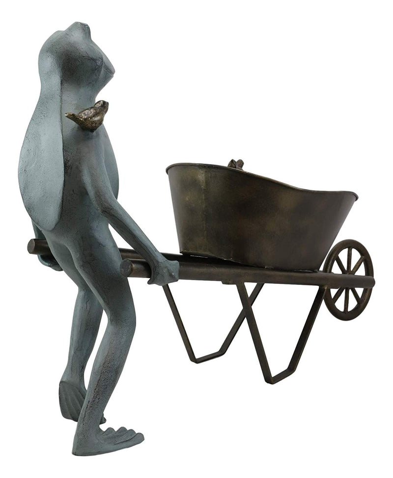 Ebros Gift 24" Wide Aluminum Rustic Whimsical Gardening Green Frog with Birds Pushing Wheelbarrow Cart Flowers Or Plants Planter Garden Statue Decorative Frogs and Toads Accent Decor