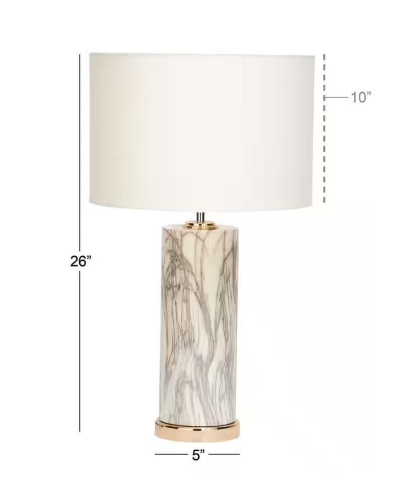 26"H Contemporary Ceramic Faux White Veined Marble Gold Trim Table Lamp W/ Shade