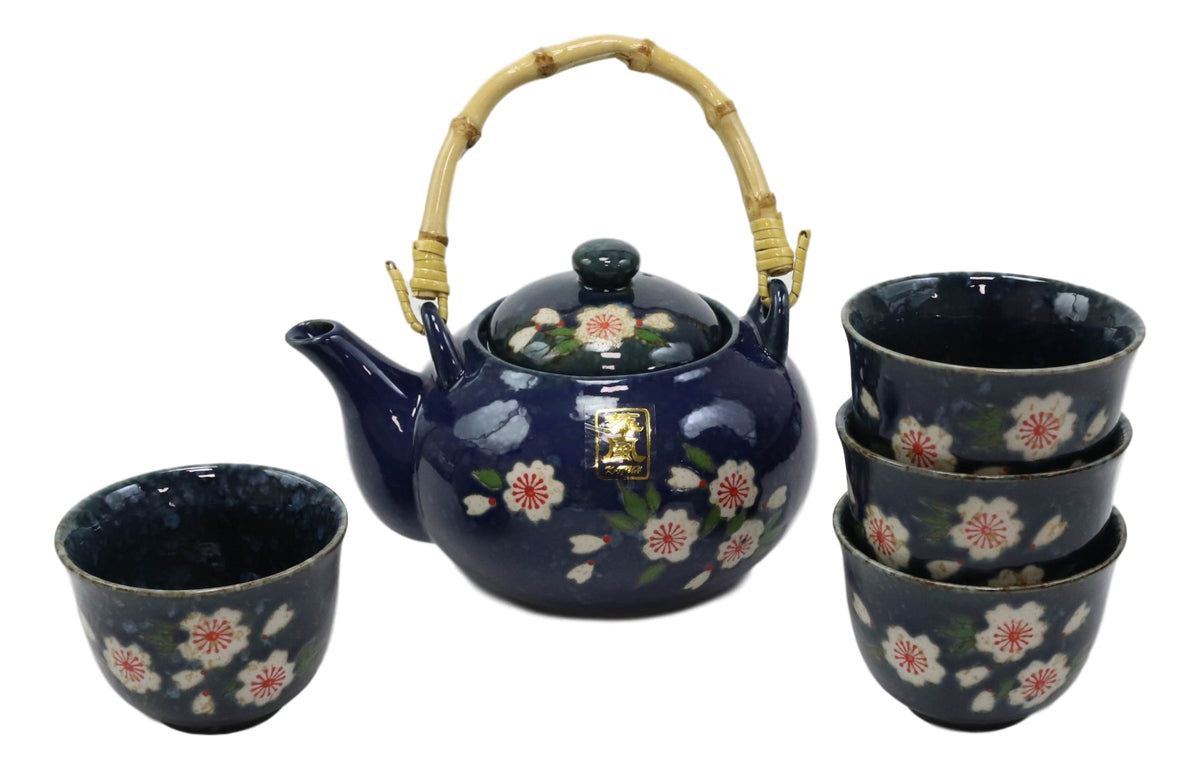 Japanese Sakura Cherry Blossom Flowers Navy Blue Ceramic Tea Pot With 4 Cups Set - Ebros Gift