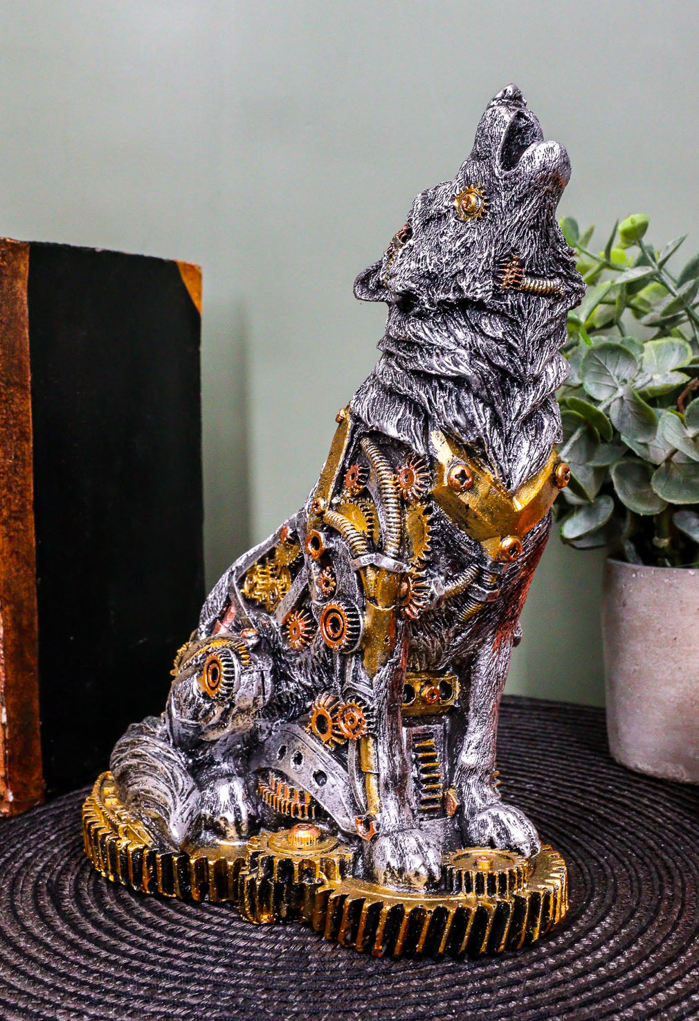 Ebros Steampunk Silver Alpha Wolf Howling Statue with Gears Base 7.5"H Figurine - Ebros Gift