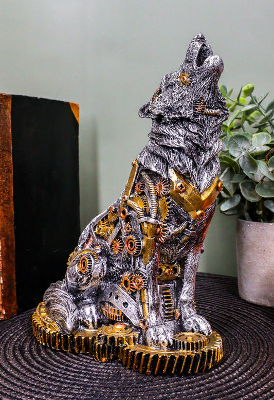 Ebros Steampunk Silver Alpha Wolf Howling Statue with Gears Base 7.5"H Figurine - Ebros Gift