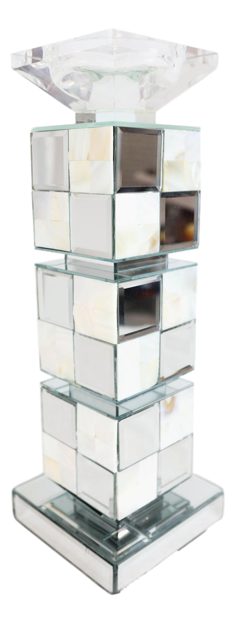 Modern Beveled Mirrors Capiz Shells Decorative Checkered Pillar Candle Holder