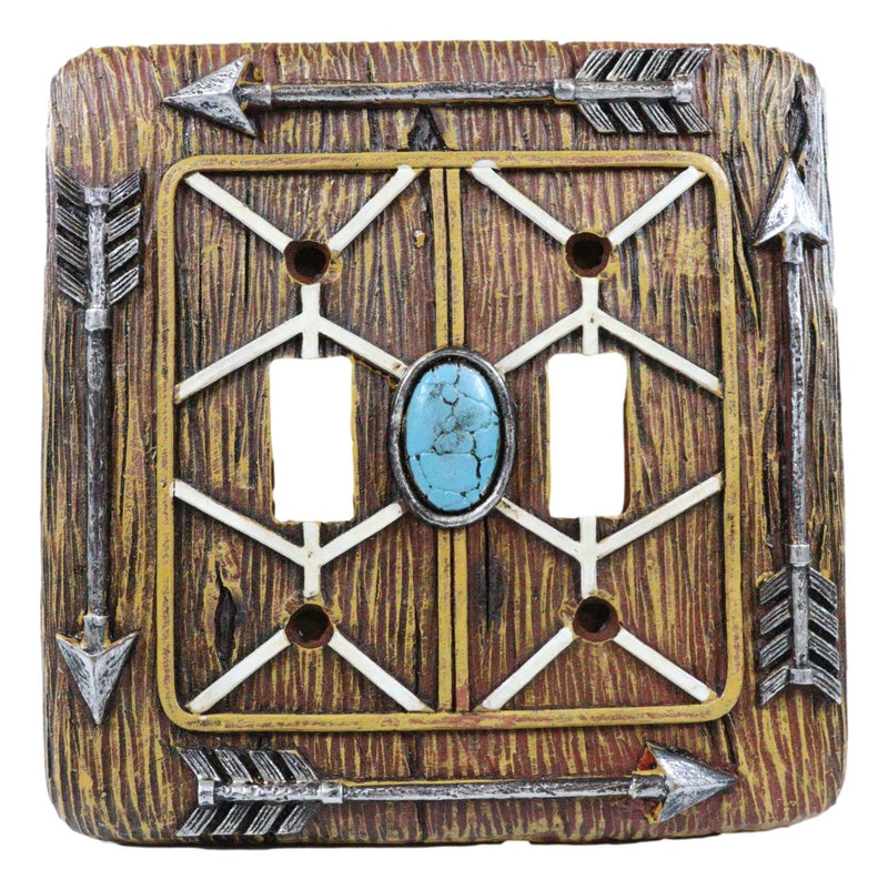 Faux Wood Indian Turquoise 4 Arrows Wall Double Toggle Switch Plates Set Of 2