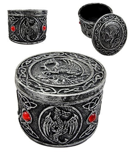 Ebros Gift Celtic Triad Red Gem Dragon Round Decorative Box Figurine 3.25"D