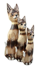 Balinese Wood Handicraft Striped Feline Cat Family Set of 3 Figurines 20"H