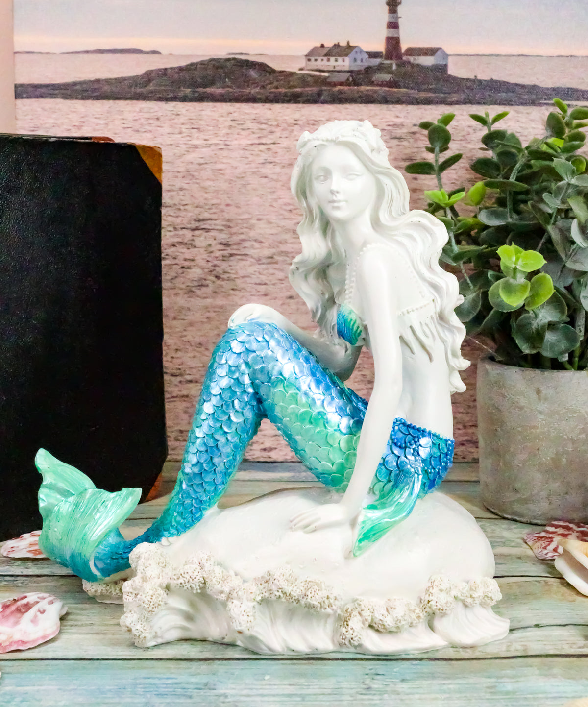 Ebros Gift 6.25" Tall Nautical Capiz Blue Tailed Mermaid Ariel Sitting On Beach - Ebros Gift