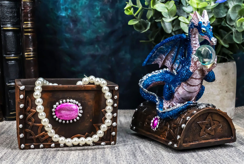 Whimsical Pixie Blue Dragon Guarding Celtic Treasure Chest Trinket Box 6.5"Tall