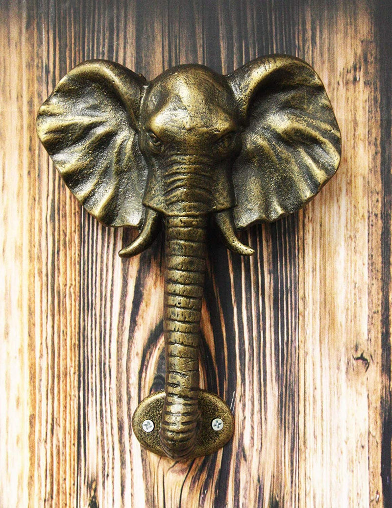 Ebros Aluminum Metal Hand Painted Bronze Color Safari Tusked Elephant Head Door Knocker with Strike Plate 10.5" High Decorative Jungle Forest Grasslands Elephants
