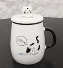 Hungry Calico Cat With Fish Porcelain Coffee Tea Mug Cup With Spoon And Lid