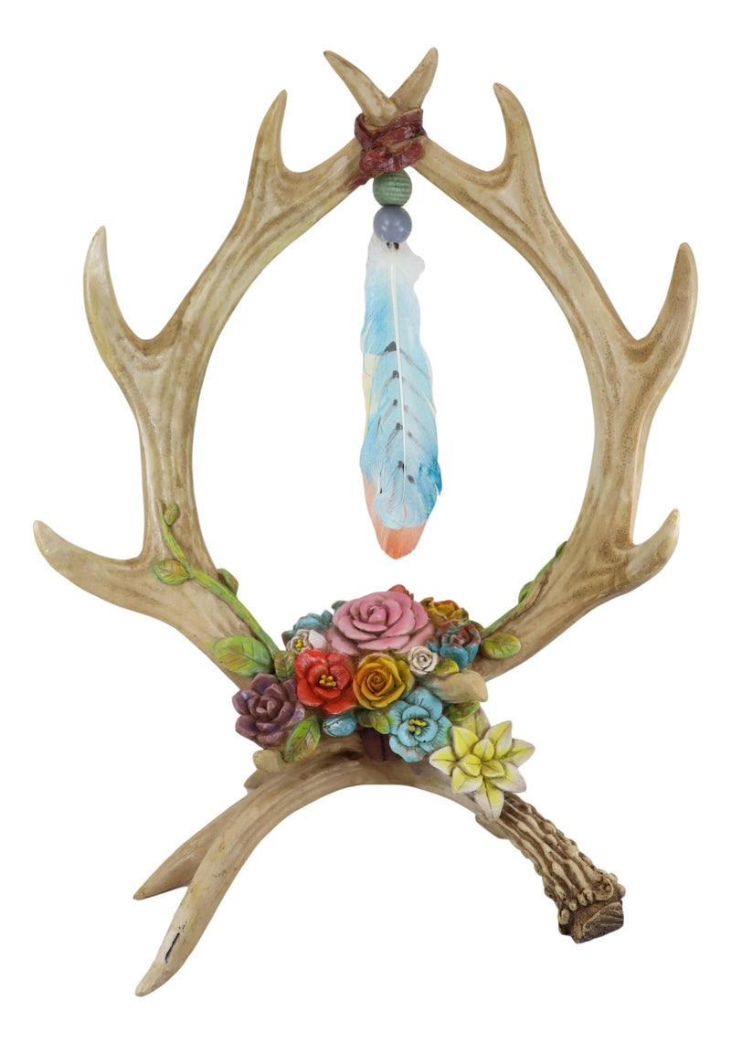 Rustic Double Deer Antlers With Feathers And Flowers Jewelry Tree Figurine