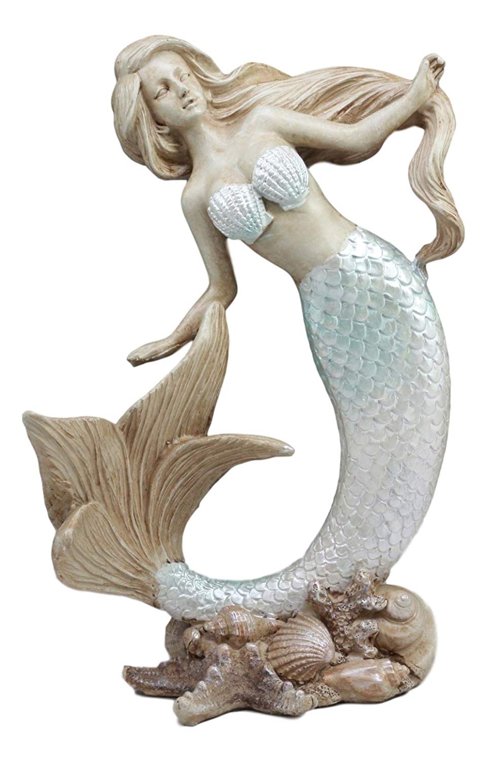 Ebros Large Art Nouveau Siren Mermaid Waking Up by Shells and Corals Figurine 9.5" Tall Fantasy Sea Life Water Bay Coastal or Nautical Decor Statue