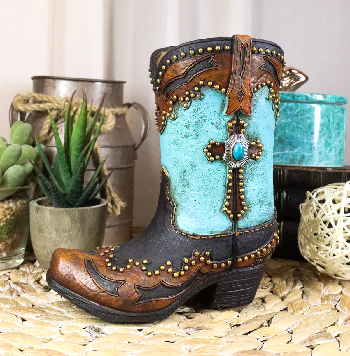 7"H Rustic Western Cowboy Turquoise Boot Figurine Stationery Holder Flower Vase