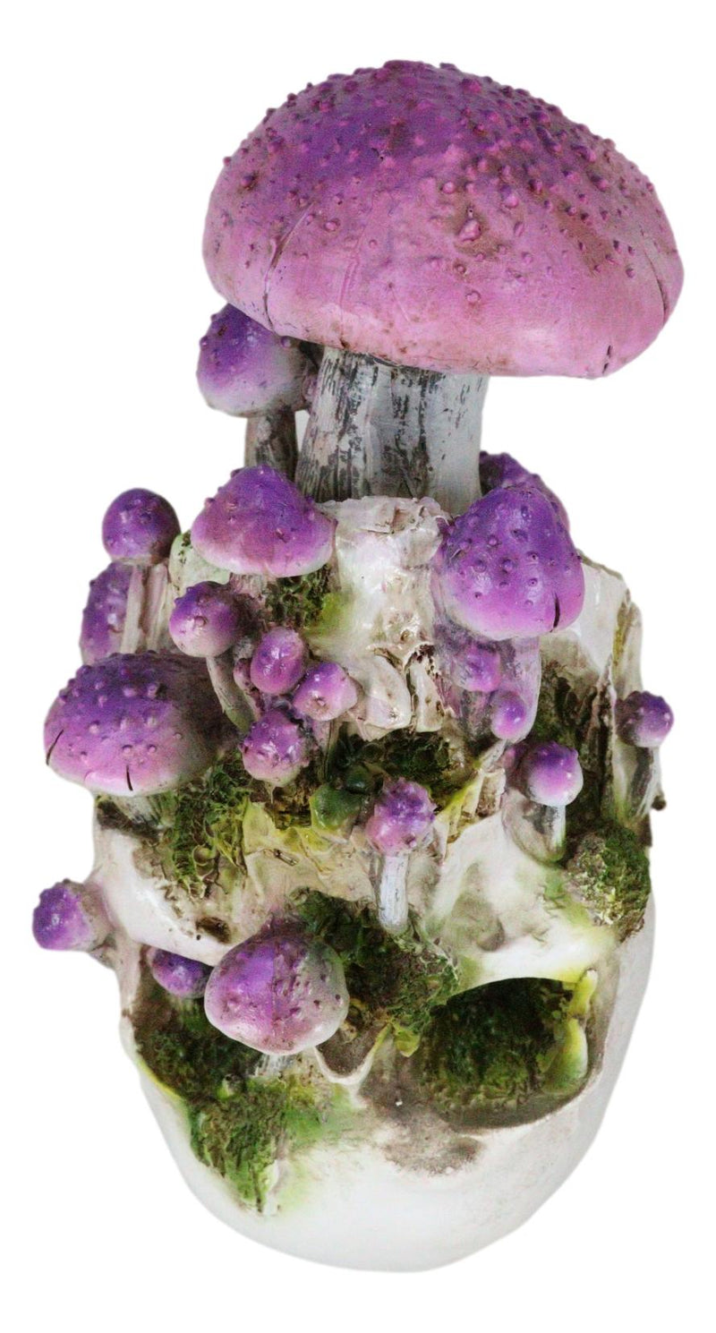 Day of The Dead Gothic Macabre Skull With Purple Fungi Mushrooms Figurine