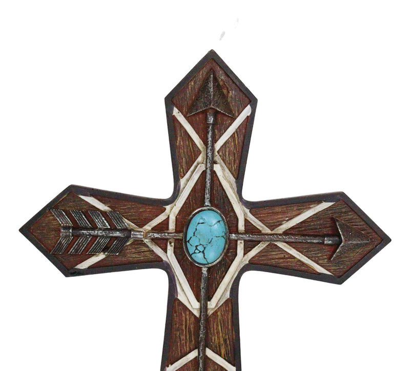 Rustic Western Boho Native Indian Arrows Turquoise Rock Faux Wooden Wall Cross