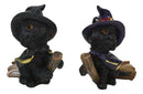 Halloween Black Cats With Witch Hat and Cape On Magical Broomstick Figurines Set