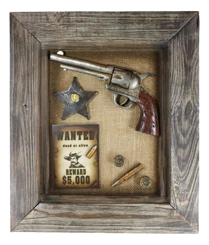 Western Outlaw Wanted Poster Pistol Gun Badge Bullets Wooden Frame Wall Decor