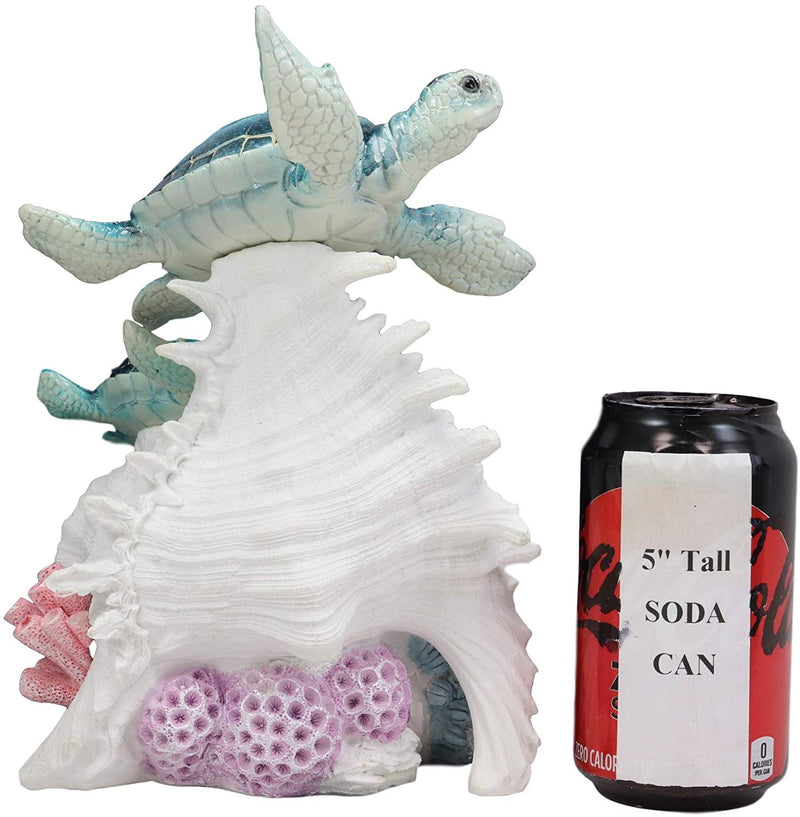 Colorful Nautical Sea Turtle Family Swimming By Big Conch With LED Light Statue