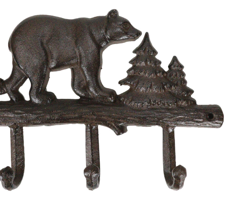 Cast Iron Rustic Forest Black Bear By Pine Trees Forest 4-Pegs Wall Coat Hooks