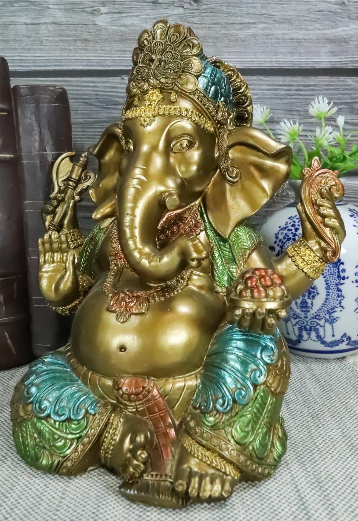 Seated Hindu God Ganesha Ganapati Holding Trident Axe and Modaka Bowl Figurine