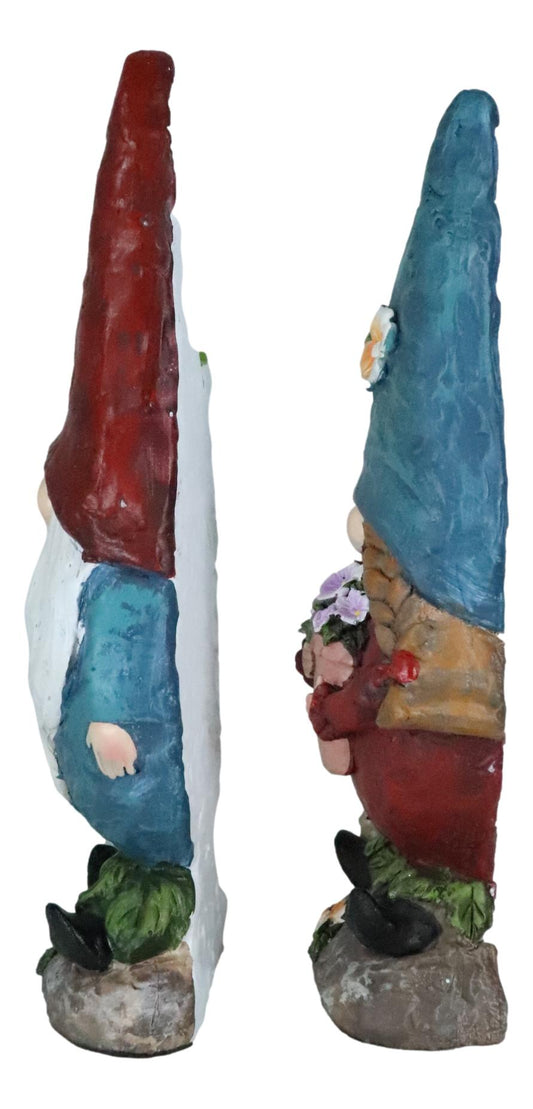 Pack Of 2 Whimsical Garden Mr And Mrs Gnome Couple Holding Flowers Figurines - Ebros Gift
