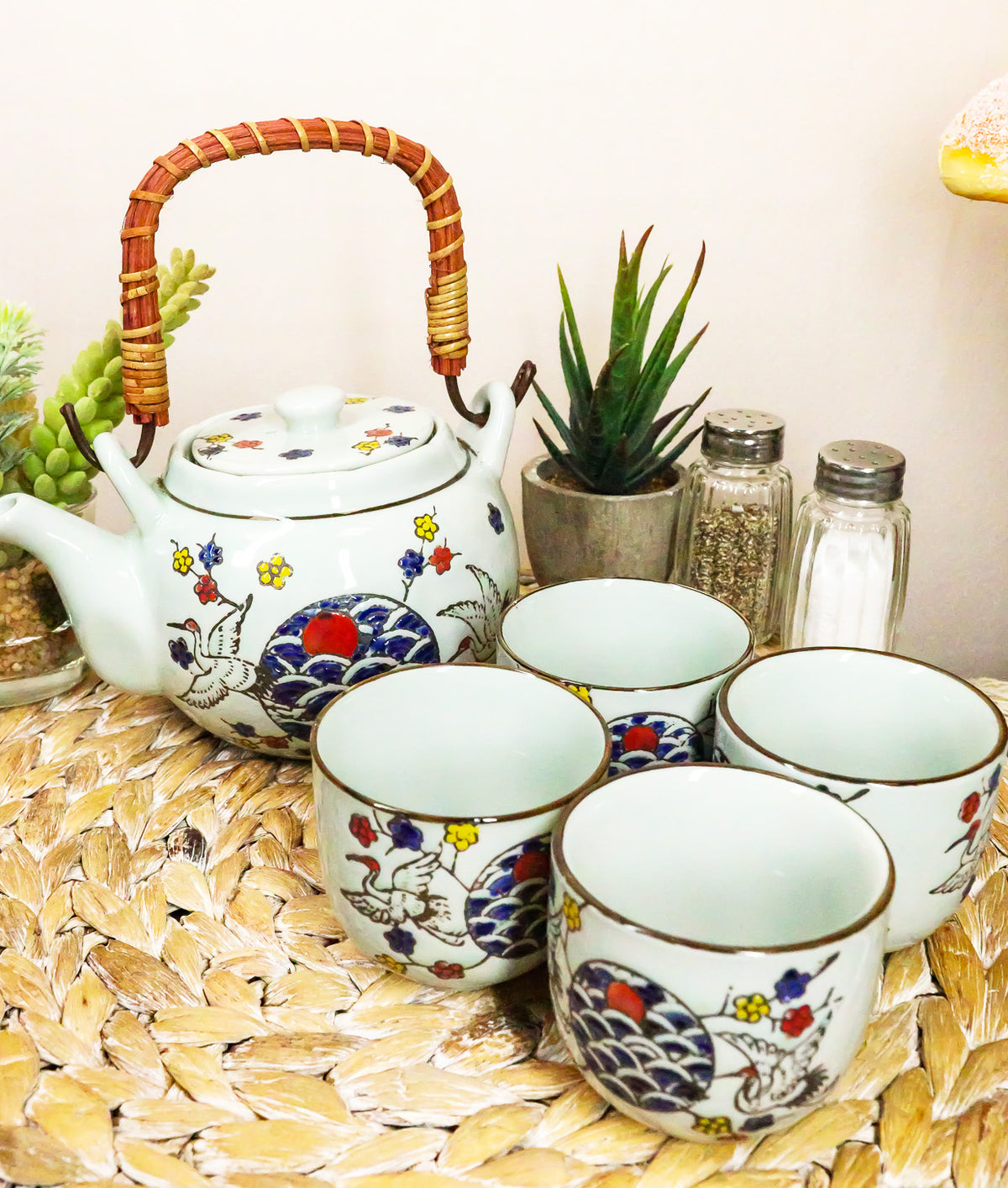White Storks Cherry Blossom Red Moon Night Sky Ceramic Teapot And 4 Tea Cups Set