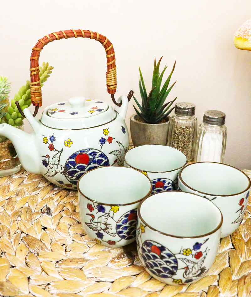 White Storks Cherry Blossom Red Moon Night Sky Ceramic Teapot And 4 Tea Cups Set