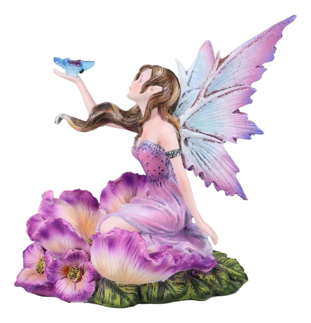 Whimsical Fantasy Fuchsia Pink Flower Fairy With Blue Butterfly Figurine