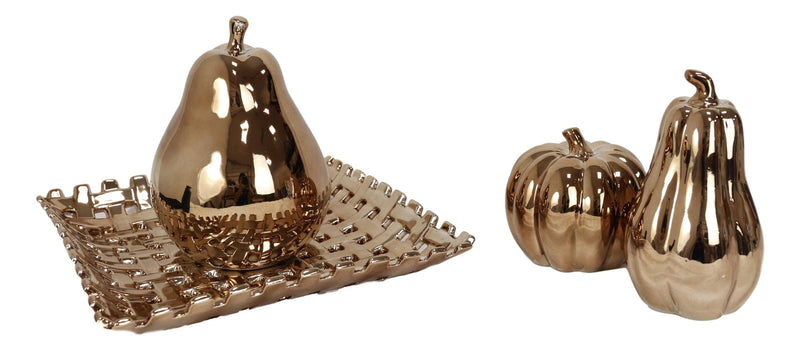 Glam Bronze Ceramic Decorative Fruit Assortment With Basket Tray Plate Accent
