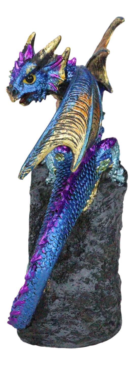 Metallic Blue Iridescent Dragon On Faux Geode Rock Quartz Crystal Cove Figurine
