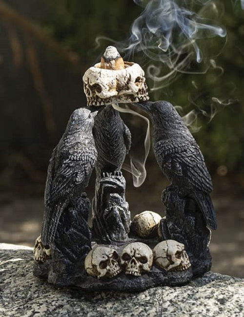 Gothic Wicca Quoth Trio Ravens Nevermore With Skulls Backflow Incense Burner