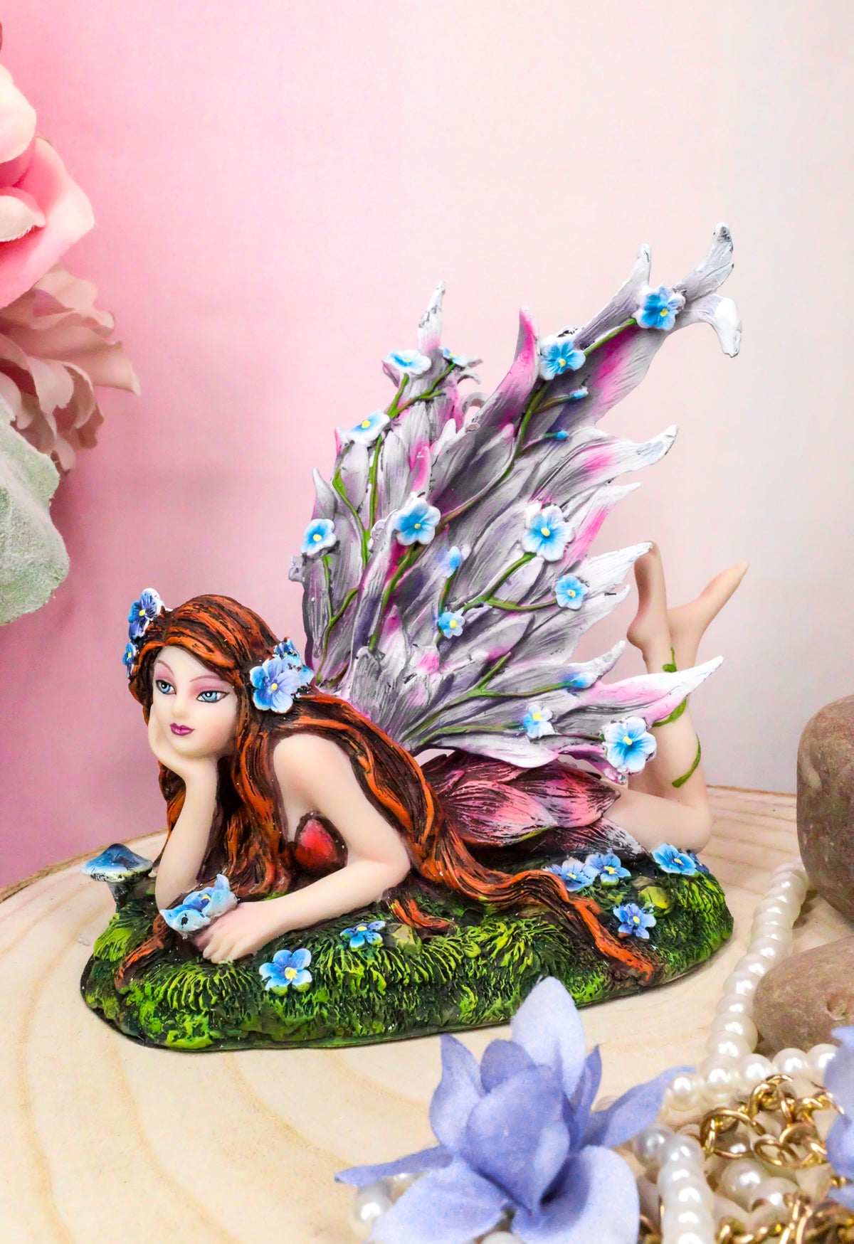 Ebros Enchanted Garden Meadows Blue Peony Fairy With Purple Wings Sunbathing Figurine - Ebros Gift
