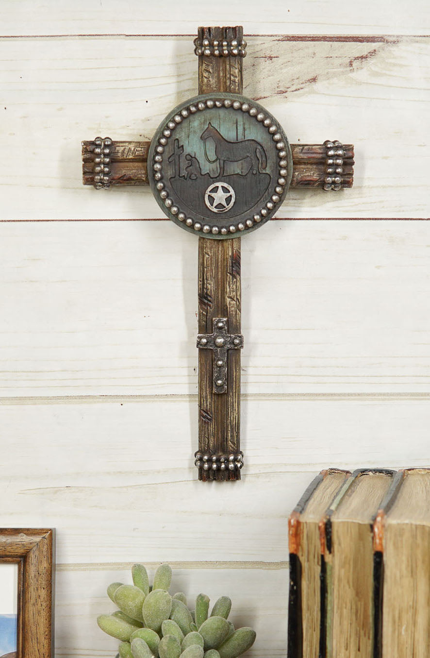 Set Of 3 Rustic Western Star Horseshoe Cowboy Horse And Pistols Wall Crosses - Ebros Gift