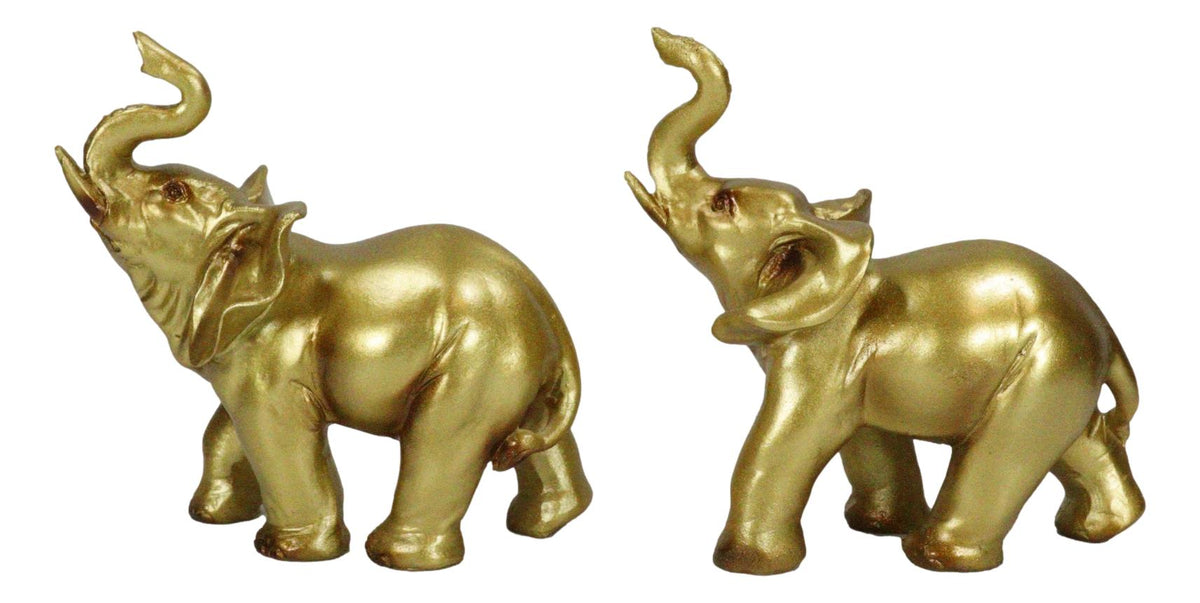 Feng Shui Gold Patina Elephant Left And Right Pair Figurines With Trunks Up - Ebros Gift