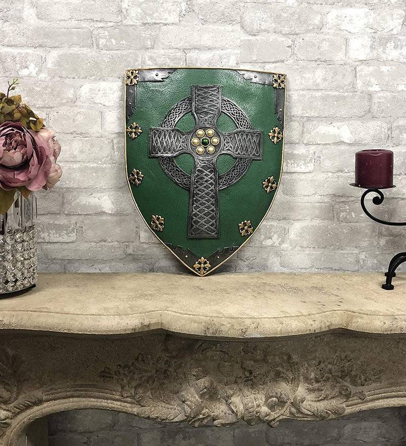 Ebros Gift Large Saint Patrick Celtic Warrior Faith Cross with Circle Ring Warriors Shield Wall Plaque Hanging Sculpture 17" Tall Decor Figurine Statue