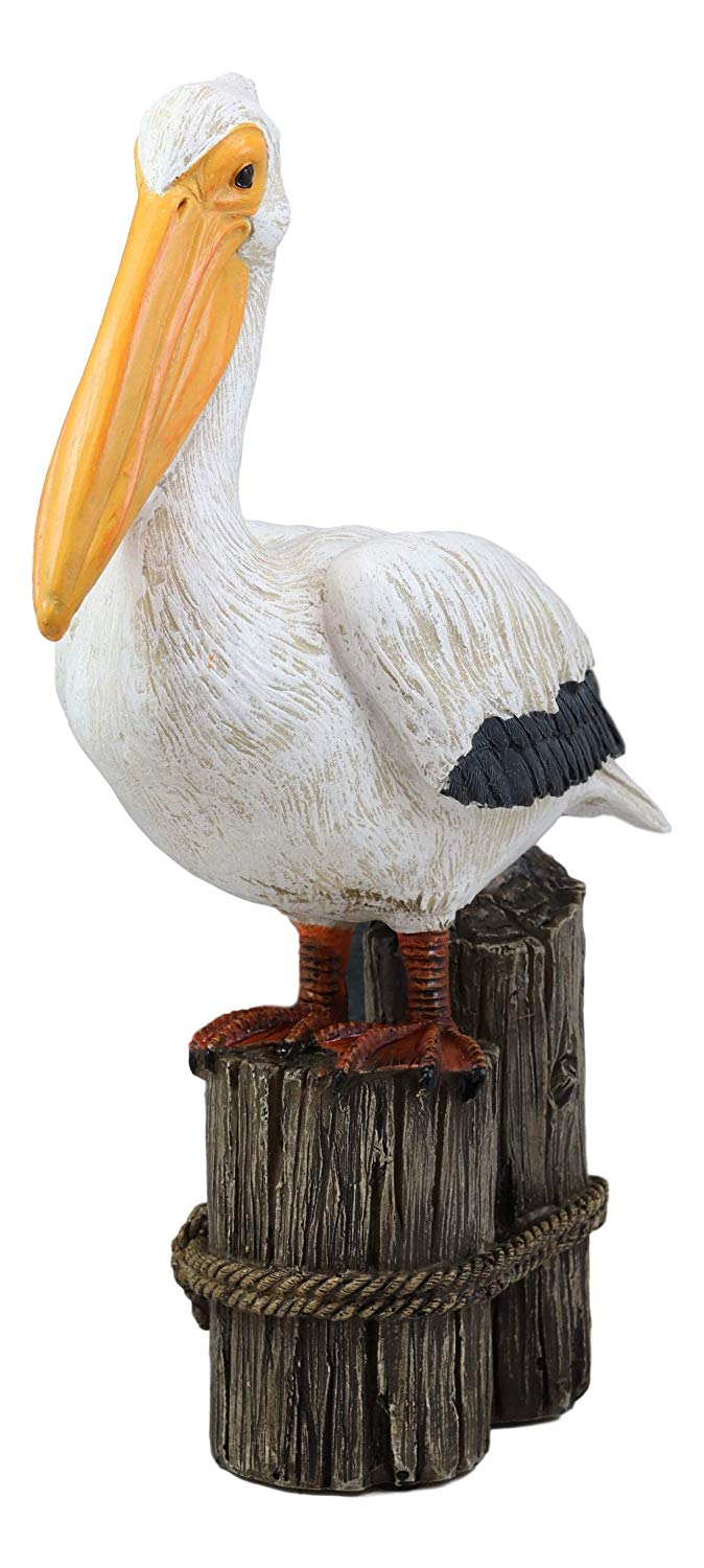 Ebros Gift 12" Tall Ocean Marine Beach Coastal Great White Pelican Perching On Getty Post Statue Home Decor Birds Pelicans Nature As Centerpiece Decorative Sculpture Figurine - Ebros Gift