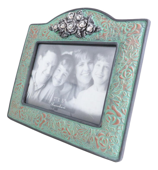 Western Silver Roses Turquoise Faux Tooled Leather Picture Photo Frame 5"X7"