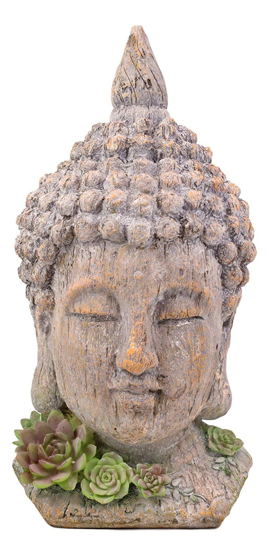 Ebros Shakyamuni Buddha Gautama Ushnisha Head with Floral Succulents Statue 14.75" Tall in Aged Rustic Faux Wood Finish Amitabha Buddhism Bodhisattva Figurine Feng Shui Zen Altar Decoration
