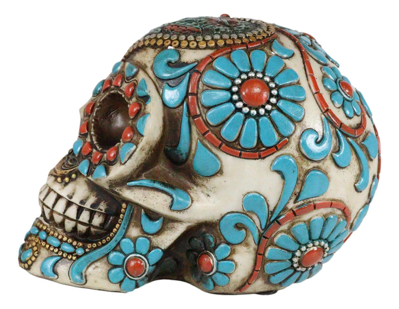 Southwestern Indian Boho Chic Aztec Tooled Skull With Turquoise And Red Stones