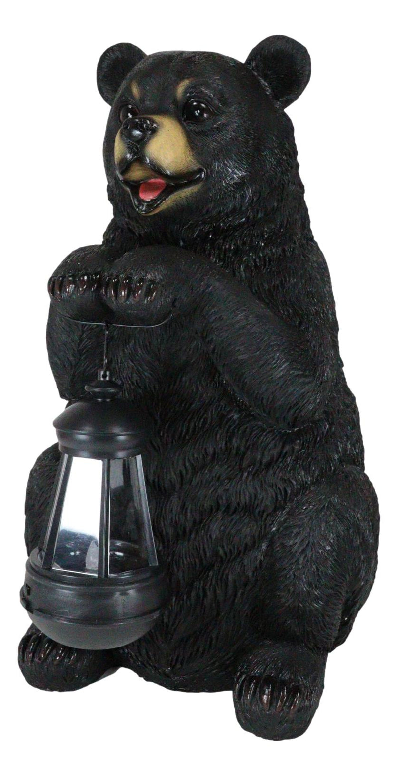 Rustic Garden Cute Black Bear Holding Solar Lantern Path Light Greeter Statue