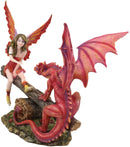 Ebros Amy Brown Elf Fire Fairy with Red Dragon On Wood Logs Seesaw Statue 8.5" H