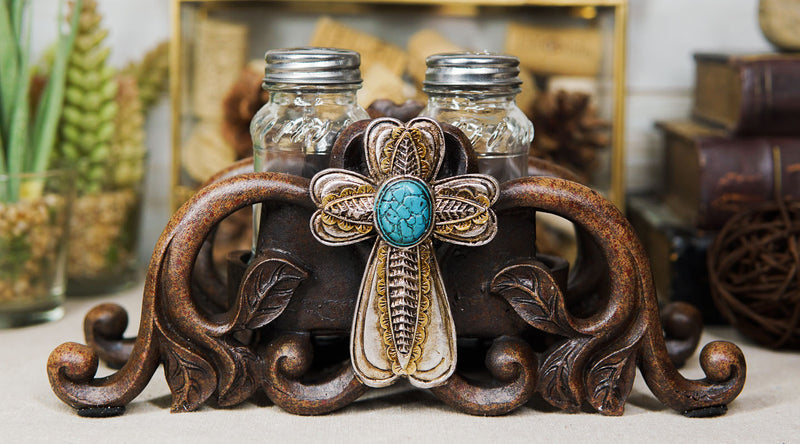 Turquoise Stone Holy Cross with Faux Wood Scroll Vines Salt Pepper Shakers Set