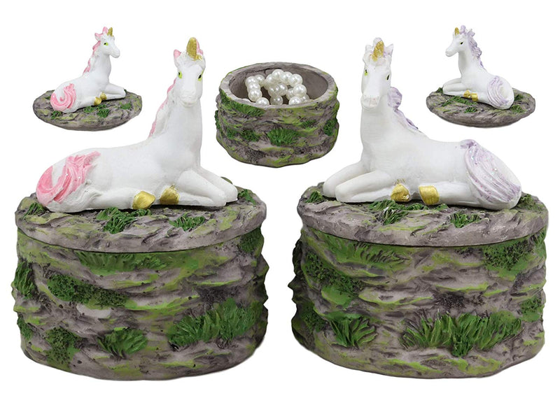 Ebros Pastel Blue And Pink Unicorns Sitting On Stone Garden Jewelry Box Figurines Set