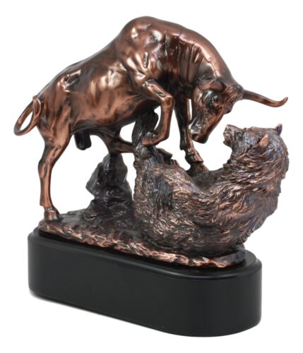 Wall Street Stock Market Charging Bull Trouncing Bear Statue With Pedestal Base