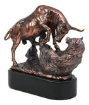 Wall Street Stock Market Charging Bull Trouncing Bear Statue With Pedestal Base