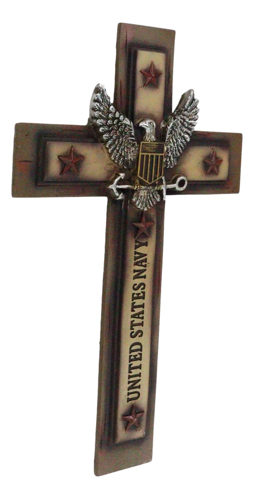 Western Rustic United States Navy with Eagle and Anchor Emblem Wall Cross Plaque - Ebros Gift