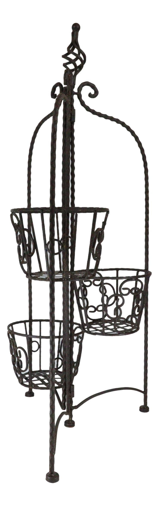 Vintage Rust Finish French Cottage Scroll Metal 3 Tiered Folding Plant Stand