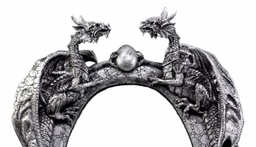 Ebros Double Dragons Protecting Orb Wall Mirror Metallic Pewter Finish Fantasy