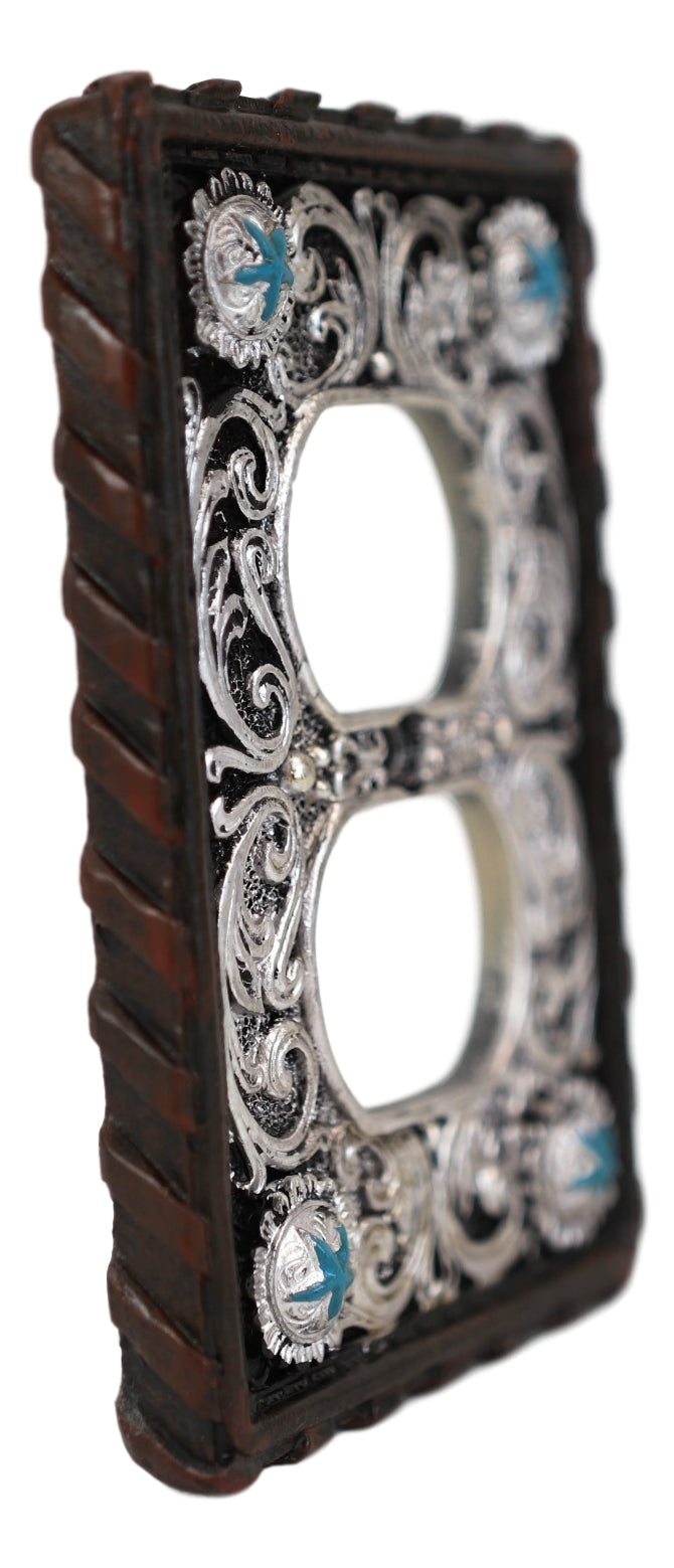Set of 2 Western Turquoise Stars Lace Scroll Wall Double Receptacle Outlet Plate