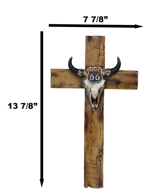 Rustic Western Cow Skull Nostalgic Route 66 Highway Sign Faux Wooden Wall Cross