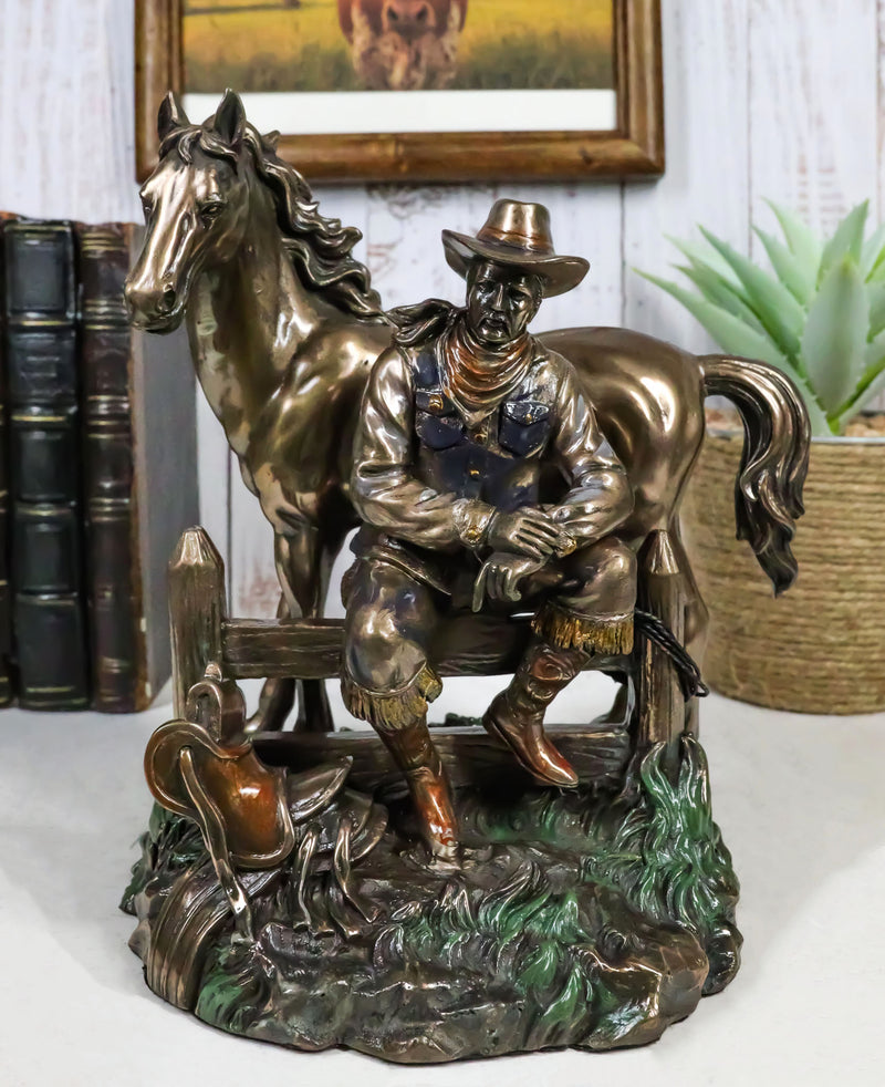 Rustic Western Desert Tranquility Cowboy Sitting By Fence And Horse Figurine